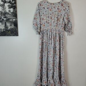 MulMul Floral Cottagecore Midi Dress Size Large 3/4 Sleeve Elastic Tie Waist